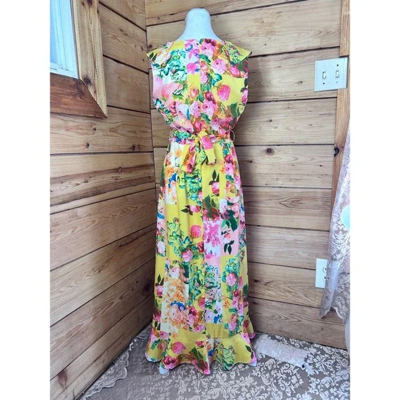 Cleo Yellow Floral Ruffle Hem Maxi Dress Sleeveless Tie Waist XS - Picture 8 of 12